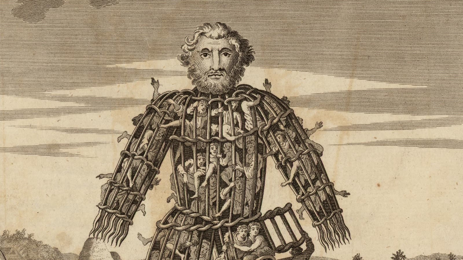 18th-century engraving of a druid wicker man filled with captives