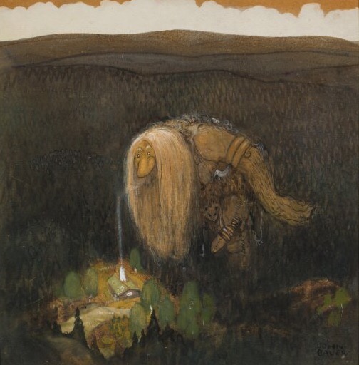 Painting of a huge long-haired troll stooping over a small lit cottage in a dark forest