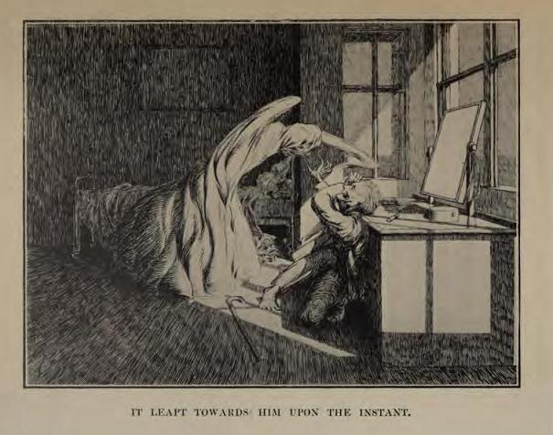 Illustration of a ghostly figure in a bedsheet leaping at a man beside a window